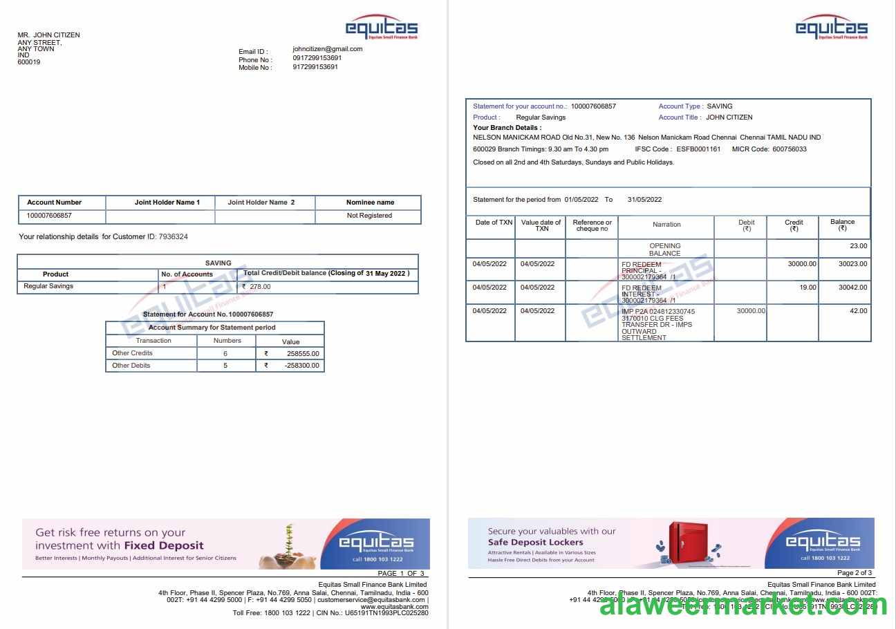 India Equitas bank statemnet 3 pages